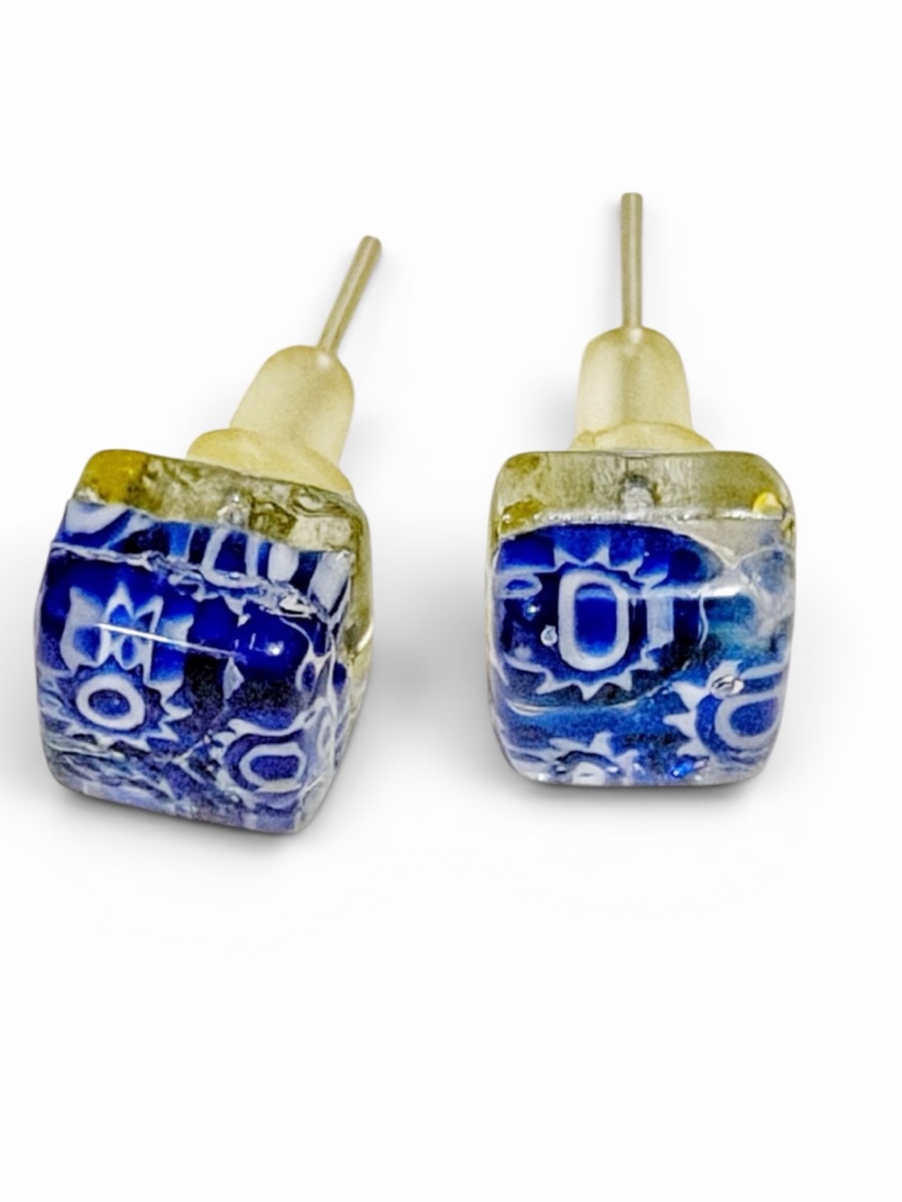 Vintage Murano Blue and White Floral Cube Stud Earrings